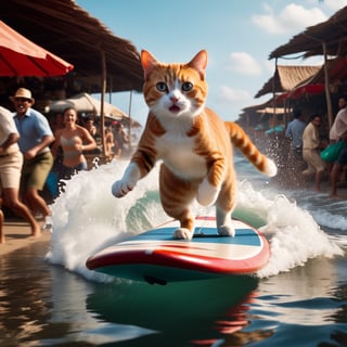 Cinematic still of cat,  scared, surfing on top of a fish,  running away in a market