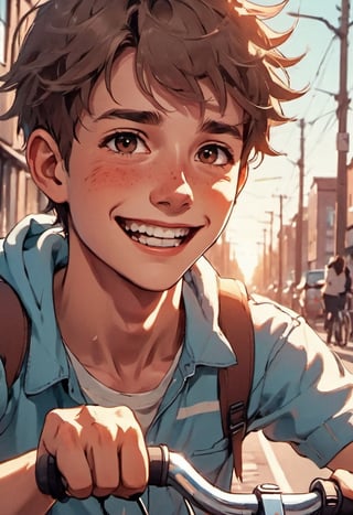 Close up of a happy boy a riding a bicycle in  Nijmegen  dreamyvibes artstyle. zavy-dtchngl