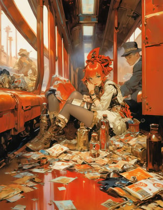 Oil Painting, sitting on train, red interior, rust, garbage on the floor, broken bottles, art by J.C. Leyendecker . anime style, key visual, vibrant, studio anime, highly detailed, r3mbr4ndt