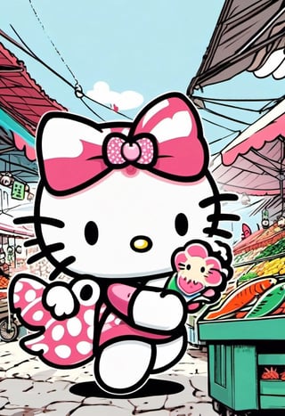 Hello Kitty holding fish with paws, running away in a market