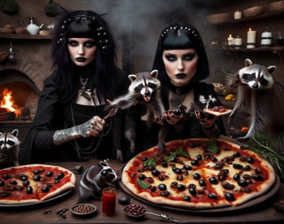 Goth girl with piercing and tattoo, cooking beans over pizza, roman soldiers try to kill raccoons in the kitchen