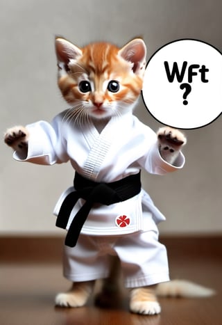 Photo of a kitten, wearing karate gi, practicing Karate at a doujo. thought bubble that says "WFT?"