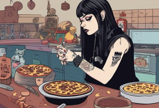 Profile of 1girl, Goth girl with piercing and tattoo, cooking beans over pizzaRoman soldiers  beating raccoons