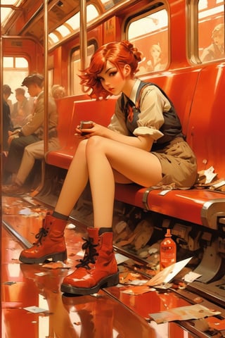 anime artwork, Girl, sitting on train, red interior, rust, garbage on the floor, broken bottles, art by J.C. Leyendecker . anime style, key visual, vibrant, studio anime, highly detailed,ClassipeintXL,LaxpeintXL