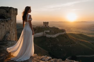 A striking cinematic shot of a  woman standing atop an ancient, crumbling fortress, overlooking a vast landscape. The sun sets in the background, casting a warm golden light over the scene. The woman, dressed in a flowing white dress, gazes intently into the distance, her expression a mixture of determination and melancholy. The overall atmosphere is both majestic and nostalgic, with a touch of mystery and romance., cinematic. Canon 5d Mark 4, Kodak Ektar