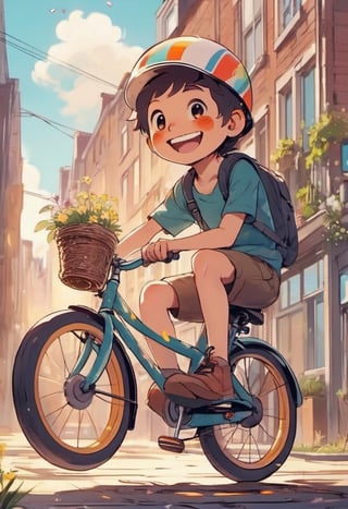 Close up of a happy boy a riding a bicycle in  Nijmegen  dreamyvibes artstyleNegative: