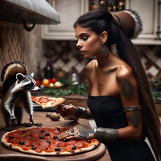 Profile of 1girl, with piercing and tattoo, Roman soldiers killingraccoons in the kitchen,  cooking beans over pizza