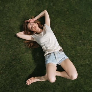 Top down view. Photo of a woman laying on her back on grass.