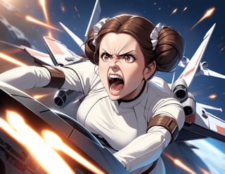 Cinematic Movie Still. Princess Leia Piloting X-wing fighter during a battle, she is shouting angrily.