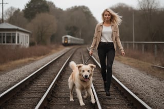 Photo of a blonde woman, arm stretched for balance, walking heel-to-toe on a single train rail. Her dog, a playful and energetic breed, trots along the rail beside her.