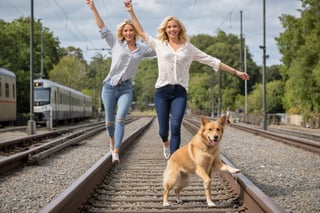 Photo of a blonde woman, arm stretched for balance, walking heel-to-toe on a single train rail. Her dog, a playful and energetic breed, trots along the rail beside her.