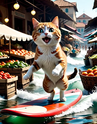 Cinematic still of cat,  scared, surfing on top of a fish,  running away in a market