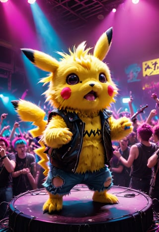 Photograph from below, taken from the crowd, full body shot of Fluffy Pikachu as a punk with Mohawk hair, performing on stage, Spotlights and bright colorful music show lights, silhouetted crowd of people around the photographer, Pikachu singing on a mic, and band mates in the background playing their instruments, 80s/90s aesthethic, cyberpunk style, cyberwear, extreme upward angle,