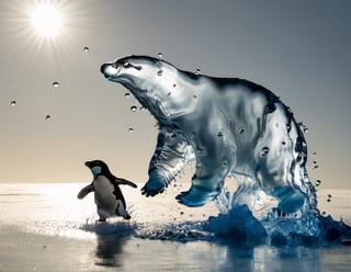 Photo of a polar bear chasing a penguin running across blue polar ice cap, made of water, dripping waterdrops, over bright sun