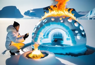 Photo of an inuit looking at a burning Igloo made of water and ice, melting, pool of water on ice,