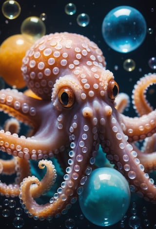 Made of bath foam and soap bubbles, photo of octopus, sharp focus, vibrant colors, strong film grain, cinematic lighting