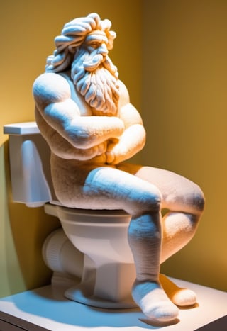 Sculpture of Zeus made of wool, squatting on a Toilet Seat,w00len