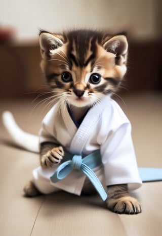 Photo of a kitten, wearing karate gi, practicing Karate at a doujo.