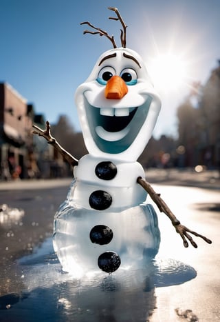 Photo of a Olaf from Disney frozen movie made with water, half melted into a puddle of water under the bright sun