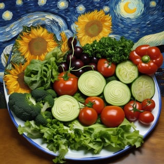 Photo of a platter of vegetable salad, arranged in the for of Van Gogh's Starry Night,v0ng44g