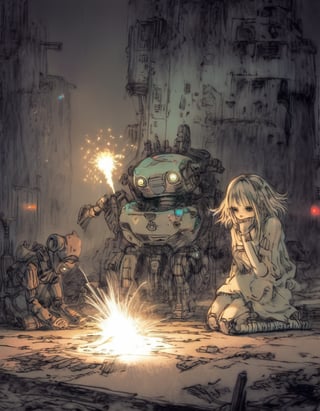 Anime artwork.  r3mbr4ndt sketch etching. Sad android girl, birthday cake, sitting on the ground, led eyes, with metallic robot body, holding a sparkler, surrounded by her family. A crumbling cyberpunk ruin in the background, night scene,r3mbr4ndt