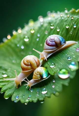 Photo of a nail with tranparent, rainbow-colored shells. These snails are peacefully sliding across a verdant green leaf which is covered with dewdrops, reflecting and refracting the sunlight into countless tiny prisms. The sunlight hitting the shells creates a magical display of colors that radiates around them, enhancing their ethereal appearance. The leaf itself is incredibly detailed, with its veins standing out in contrast against the lighter green background, and the dewdrops act like tiny lenses, magnifying parts of the leaf below them.