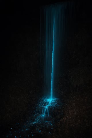 A waterfall of bioluminescence that fall into the ground, dissolving into pixels.