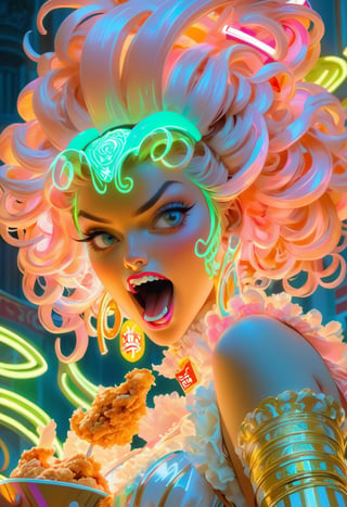 Anime artwork, Rococo, annoyed girl, eating KFC chicken, neon glowing hair, 4, neon light, flamboyant, pastel colors, curved lines, elaborate detail, rococo, art by J.C. Leyendecker,art by mooncryptowow