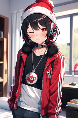 ((Masterpiece, Best quality, extremely detailed)) 1 slim Boy, Multi coloured black and white fluffy hair, Curly Bob With Bangs haircut, red eye's, red beanie, headphones, chain, black denim jacket, white logo shirt, black pants, red backpack, warm smile, blushing, eye's closed, candy style, detailed advanced and rich bedroom 