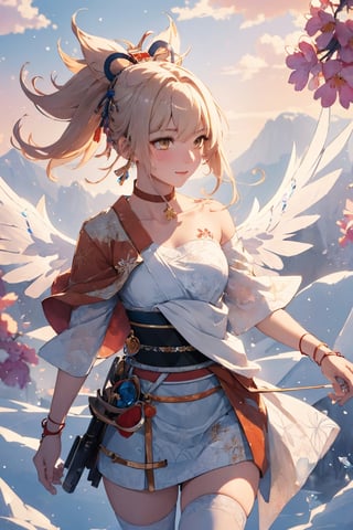 masterpiece,{{{best quality}}},(illustration)),{{{extremely detailed CG unity 8k wallpaper}}},game_cg,(({{1girl}})),{solo}, (beautiful detailed eyes),((shine eyes)),goddess,fluffy hair,messy_hair,ribbons,hair_bow,{flowing hair}, (glossy hair), (Silky hair),((white stockings)),(((gorgeous crystal armor))),cold smile,stare,cape,(((crystal wings))),((grand feathers)),((altocumulus)),(clear_sky),(snow mountain),((flowery flowers)),{(flowery bubbles)},{{cloud map plane}},({(crystal)}),crystal poppies,({lacy}) ({{misty}}),(posing sketch),(Brilliant light),cinematic lighting,((thick_coating)),(glass tint),(watercolor),(Ambient light),long_focus,(Colorful blisters),ukiyoe style,yoimiyadef