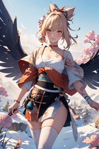 masterpiece,{{{best quality}}},(illustration)),{{{extremely detailed CG unity 8k wallpaper}}},game_cg,(({{1girl}})),{solo}, (beautiful detailed eyes),((shine eyes)),goddess,fluffy hair,messy_hair,ribbons,hair_bow,{flowing hair}, (glossy hair), (Silky hair),((white stockings)),(((gorgeous crystal armor))),cold smile,stare,cape,(((crystal wings))),((grand feathers)),((altocumulus)),(clear_sky),(snow mountain),((flowery flowers)),{(flowery bubbles)},{{cloud map plane}},({(crystal)}),crystal poppies,({lacy}) ({{misty}}),(posing sketch),(Brilliant light),cinematic lighting,((thick_coating)),(glass tint),(watercolor),(Ambient light),long_focus,(Colorful blisters),ukiyoe style,yoimiyadef