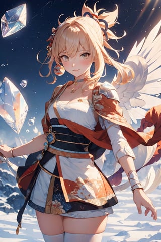 masterpiece,{{{best quality}}},(illustration)),{{{extremely detailed CG unity 8k wallpaper}}},game_cg,(({{1girl}})),{solo}, (beautiful detailed eyes),((shine eyes)),goddess,fluffy hair,messy_hair,ribbons,hair_bow,{flowing hair}, (glossy hair), (Silky hair),((white stockings)),(((gorgeous crystal armor))),cold smile,stare,cape,(((crystal wings))),((grand feathers)),((altocumulus)),(clear_sky),(snow mountain),((flowery flowers)),{(flowery bubbles)},{{cloud map plane}},({(crystal)}),crystal poppies,({lacy}) ({{misty}}),(posing sketch),(Brilliant light),cinematic lighting,((thick_coating)),(glass tint),(watercolor),(Ambient light),long_focus,(Colorful blisters),ukiyoe style,yoimiyadef