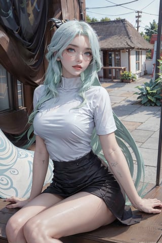 photorealistic, high resolution, 1 women, solo, hips up, look at viewer, (detailed face), white hair, long hair, tshirt:1.8, skirt, glasses, small breasts, heterochromia,xianyun,sitting girl,Sexy Pose