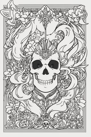 intricate ornament decoration , flowers and lines and skull ,Samless decorative border in corners, extreamly complex doodles , outline , pencil, adobe illustrator , vector 