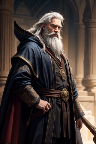 (masterpiece)(Ultra detailed), An aged sorcerer, his long white hair cascading down, and his beard full and abundant, has a prominent and elongated nose, bearing a scar on his face. A master of the arcane arts, he exudes a sense of awe and fear, dressed in the garb of sorcerers and poised in a stance of readiness.,DonMV01dm4g1c