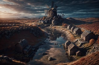 (Absurdres, Intricate Details, Masterpiece, Best Quality, High Resolution, 8k)Aerial view Ancient medieval city , full of (huts,Barn,Windmill,water twoer) ,(Daylight) , (cloud),Autumn season (gloomy illumination, insane, stunning, dramatic, completed artwork, HQ:1.1), ,no_humans,fate/stay background,foreground
