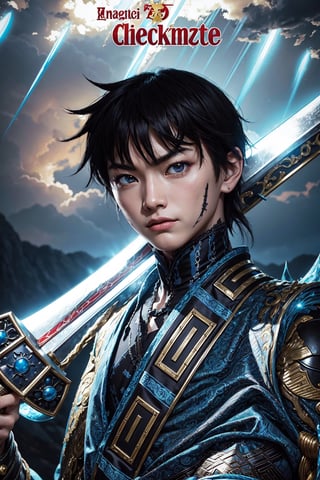 masterpiece, best quality, official art, a young boy from ancient China, (holding sword), kingdom, Xin from Kingdom, anime, manga character, (clouds in the background, godrays, serious expression, angry face, blue dress)