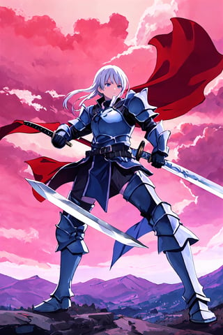 Kaine from kingdom manga, anime, sword, fight pose, purple armor, masterpiece, high quality, best quality, crimson clouds in the background