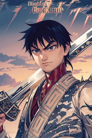 masterpiece, best quality, official art, a young boy from ancient China, (holding sword), kingdom, Xin from Kingdom, anime, manga character, (clouds in the background, godrays, serious expression, angry face)