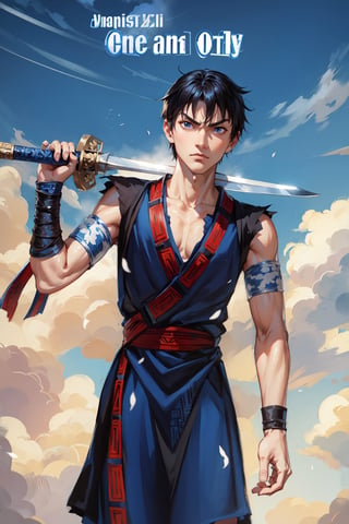 masterpiece, best quality, official art, a young boy from ancient China, (holding sword), kingdom, Xin from Kingdom, anime, manga character, (clouds in the background, godrays, serious expression, angry face, blue dress)