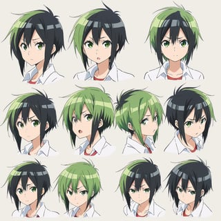 Visual_Illustration, Visual Anime, reference_sheet, multiple_views, expressions, potrait, full body, 1girl, solo, tomboy, thick, black hair, multicolored_hair, two-tone hair, large_breasts, green eyes, upper body, mulet hair, wolf cut, medium hair, tobrut style, tenange, onee san, green hair
