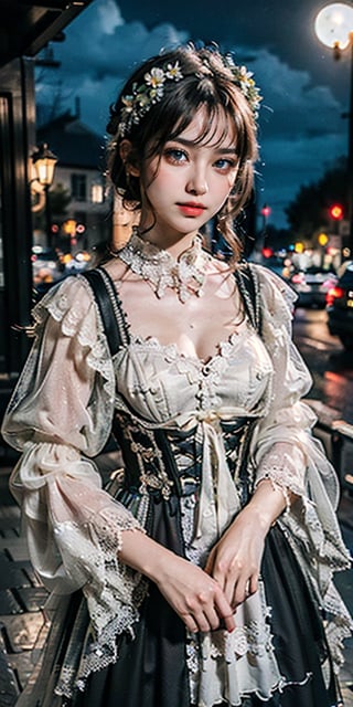 masterpiece, best quality, a photo of a stunning girl of 18 th cebtury, (colorful),(finely detailed beautiful eyes and detailed face),cinematic lighting,bust shot,extremely detailed CG unity 8k wallpaper,chestnut hair,solo,smile,intricate, transparent lace gown ,open silk corset,partially visible breasts and nipples,(Flowery meadow) sky, cloudy_sky, building, moonlight, moon, night, (dark theme:1.3), moonlight , ((hyperrealistic, photorealistic, 8k, intricate details )) ,natural sunset lights