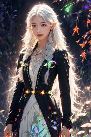 HDR, Ultra detailed illustration, Fantasy, a elf  with crown, a magical world full of unique luminous flora, pastel colors, full body shot, Final Fantasy theme, small breast, shoulder, arm,  digital art, art by Mschiffer, night, dark, (red  bioluminescence:1.2), (darkness background:1.2), 1girl, a young girl 16 years old, tiny, long legs, white skin, pale skin, (long hair, white hair:1.3), (big eyes:1.2), innocent face,  take shelter beside a large mushroom tree, bioluminescence meadow, high contrass, low brightness, ,more detail ,a girl has two braids,a girl is laughing 