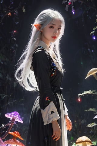 HDR, Ultra detailed illustration, Fantasy, a elf  with crown, a magical world full of unique luminous flora, pastel colors, full body shot, Final Fantasy theme, small breast, shoulder, arm,  digital art, art by Mschiffer, night, dark, (red  bioluminescence:1.2), (darkness background:1.2), 1girl, a young girl 16 years old, tiny, long legs, white skin, pale skin, (long hair, white hair:1.3), (big eyes:1.2), innocent face,  take shelter beside a large mushroom tree, bioluminescence meadow, high contrass, low brightness, ,more detail ,a girl has two braids,a girl is laughing 