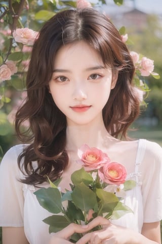 1girl, solo, curly hair, messy hair, long hair, looking at viewer, brown hair, black hair, dress, holding, upper body, flower, short sleeves, outdoors, white dress, lips, rose, leaf, pink flower, realistic, basket,dream_girl,film_grain,dreamgirl,sunny smile