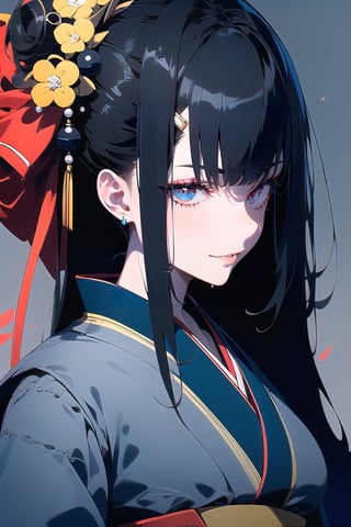 1girl, solo, long hair, looking at viewer, bangs, black hair, hair ornament, closed mouth, upper body, japanese clothes, hair flower, kimono, grey background, black eyes, lips, sash, realistic, ,Sexy Pose