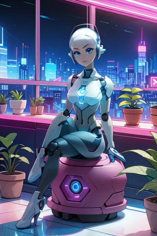 android blue Eyes, blue Eyes, white skin, robot, cyborg , drawing, painting on paper, inks, ink pots, shelf((Masterpiece)), (Best Quality), Art, Highly Detailed, Extremely Detailed CG Unity 8k Wallpaper, (Curves: 0.8), (Full Body: 0.6), 3DMM, (Masterpiece, Best Quality)   sitting, white sleeveless shirt, no bra, small chest,  on the arm, sitting, drawing, jeans, black pants, cartoonist,  studio , white walls, neon pink lights, neon lights, pink lights, wooden shelf, flower pots, plants, decorative plants, window, window, city view, , 12334, Q , perfect eyes,12334