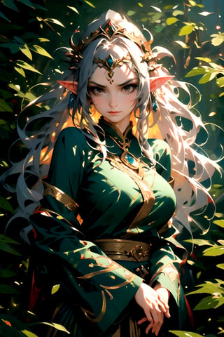 Generates an image of high cinematographic quality, extreme details, ultra definition, extreme realism, lighting of high quality, 16k UHD, an elven princess in an enchanted forest, a meandering stream, sunlight filtering through the forest, long silver gray wavy hair, huge breasts, brown eyes, emerald green silk robe, decorated with gold embroidery ancient elvish symbols, a crown of leaves and twigs adorns his head, expression,BJ_Oil_painting