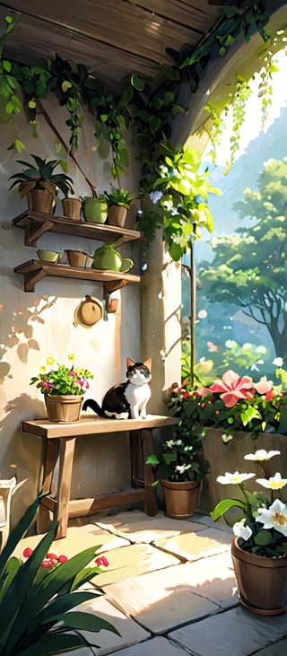 (((1cat:1.4))) in an veranda interior with trees and plants on it and flowers on the walls, ((outdoor:1.4)), tumblr, Artstation, doku-doku-kinoko, magical realism, Fairy tale, Line, magic realism, pixiv, Flower, cg society, (((hyper realistic:1.4))) , Anime, Beatrix Potter, totorina, Subterranean, Still life, Magical girl, Animal tale, Adventure fantasy, still life, rayonism, aestheticism, Landscape, neo-romanticism, capy-shuupan, Georgette Chen, Chang Ucchin, Hidari, Jeanne-Claude, computer graphics, cgsociety, shinei-neko-hakase, uri-tan, no_human, no_humans,Leonardo Style, illustration,vector art