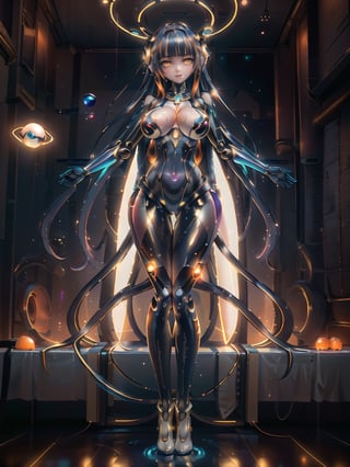 ((Full body):2) {((Only one alien woman):2)}; {Only one woman}:{alien girl,extraterrestial girl}{((She is wearing an extremely transparent space suit that is extremely tight around her body):1.5), She has ((extremely large breasts):2), She has ((very long hair, long hair multicolored, galaxy hair, hair with planet ring bangs and sparkling orange eyes):1.5), She is ((looking at the viewer, smiling):1.5), She has her alien suit on ((wet with water):1.3 ), She is doing ((erotic pose to viewer):1.5)}{Background:She's in ((a sclassy ballroom under the planets):1.5)}, Hyperrealism, 16k, ((best quality, high details):1.4), anatomically correct, UHD, masterpiece, ambient lighting,alien girl,high footwear,detailed hair,cyberhelmet,tutu's cyberpunk
